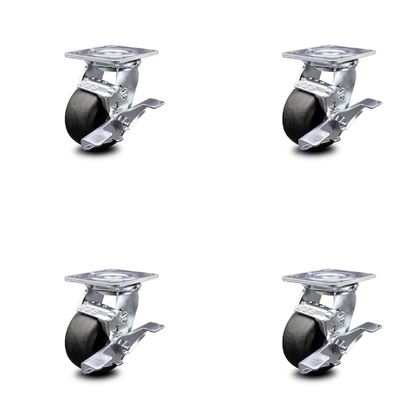 4 Inch Glass Filled Nylon Caster Set with Ball Bearings and Brake/Swivel Lock